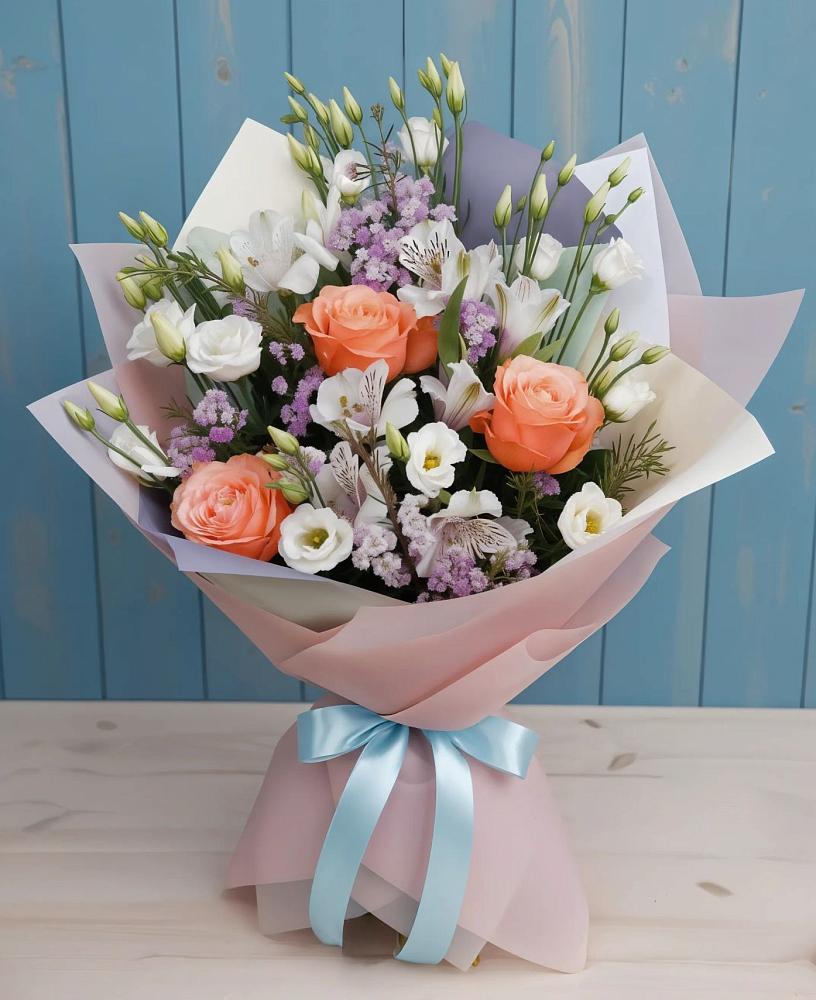 Букет цветов из: Лизиантусы, Розы, Альстромерии и Гипсофила в Стрижах