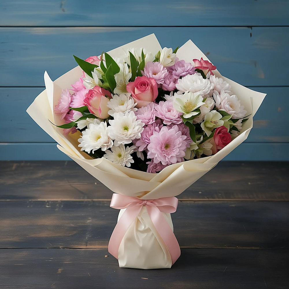 Букет цветов из: Хризантемы, Альстромерии и Розы в Стрижах